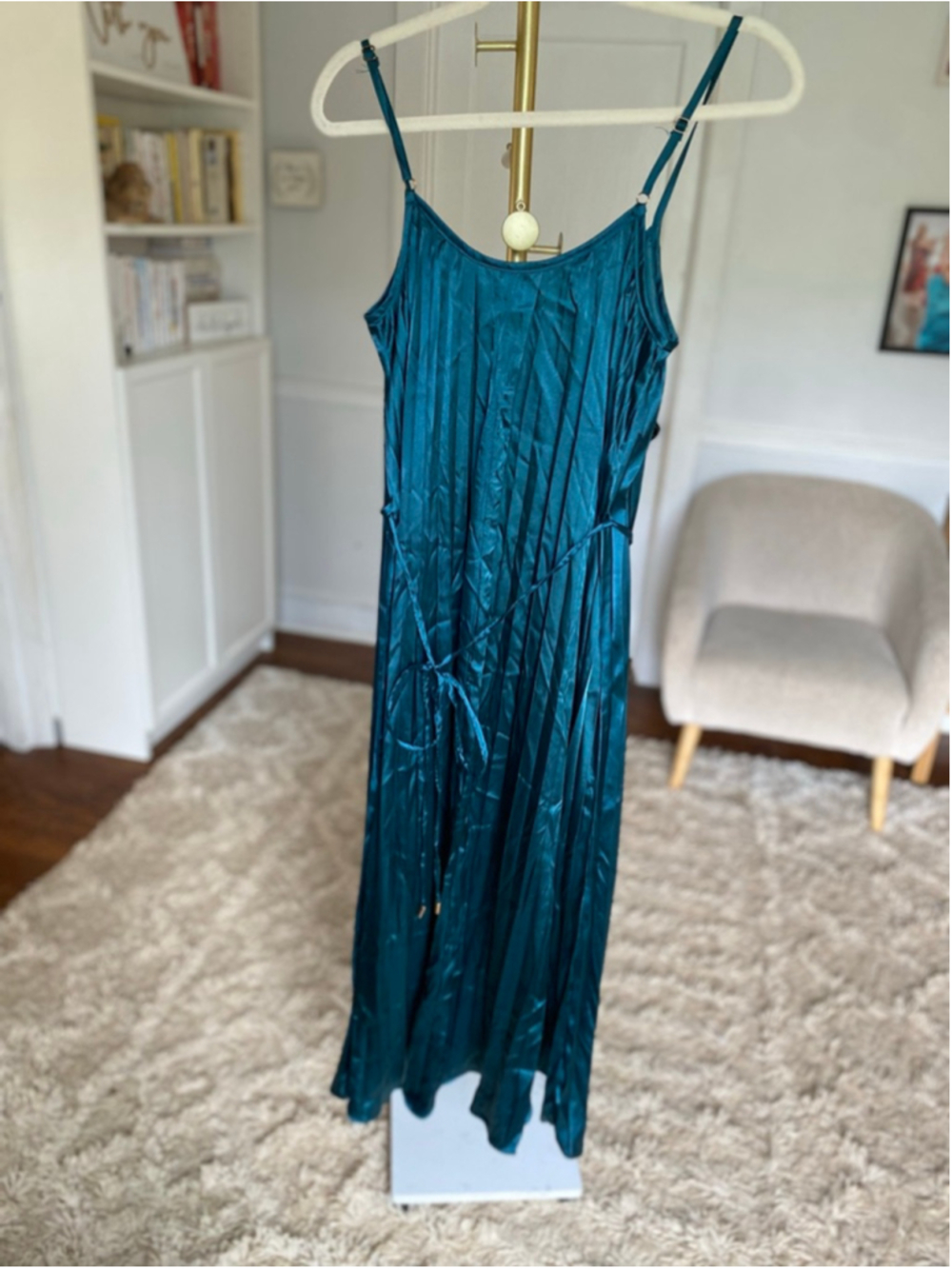 Bishop + Young Teal Pleated Maxi Dress Quiet Luxury Old Money Coquette Feminine - Picture 3 of 7